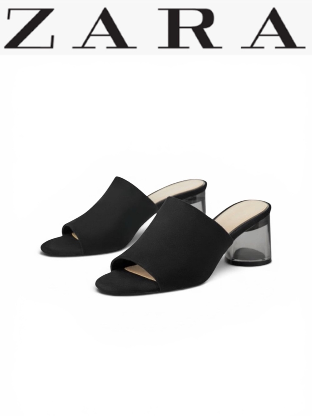 ZARA BLACK FAUX SUEDE SLIDE SANDALS LUCITE ROUND HEEL OPEN TOE MINIMALIST MULES